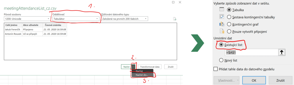Na obrázku je snímek aplikace Excel s postupem, jak tabulku načíst do existujícího listu.