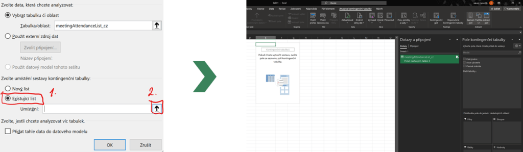 Na obrázku je snímek aplikace Excel s postupem, jak vytvořit kontingenční tabulku na existujícím listu.