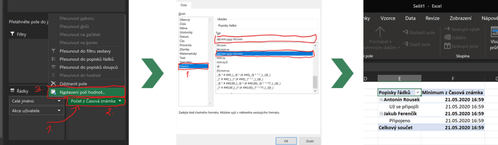 Na obrázku je snímek aplikace Excel s postupem, jak nastavit pole hodnot v kontingenční tabulce.
