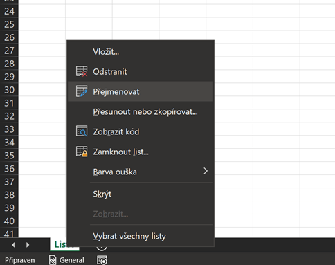 Na obrázku je snímek aplikace Excel s otevřenou nabídkou po kliknutí pravým tlačítkem na název listu.