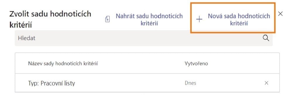 Na obrázku je snímek obrazovky s volbou sady hodnotících kritérií spolu s tlačítkem Nová sada hodnotících kritérií u Zadání v Microsoft Teams.