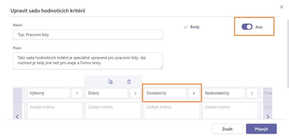 Na obrázku je snímek obrazovky s nastavením sady hodnotících kritérií a s možnostmi bodů u Zadání v Microsoft Teams.