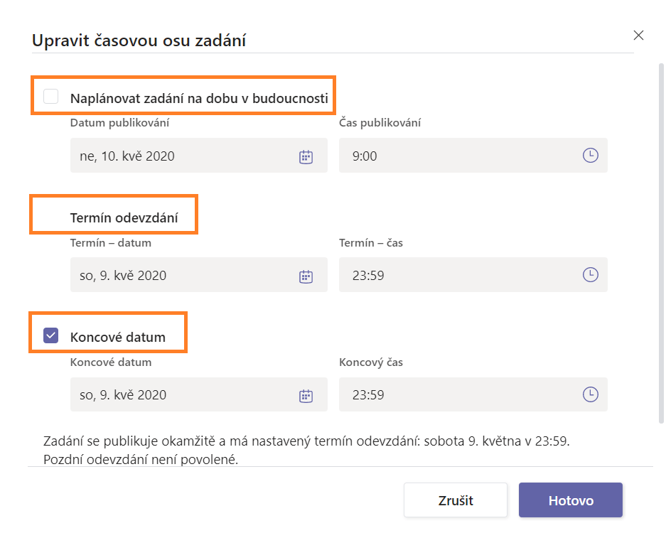 Na obrázku je snímek obrazovky s naplánováním zadání na dobu v budoucnosti a s nastavením termínu odevzdání a koncového data u Zadání v Microsoft Teams.