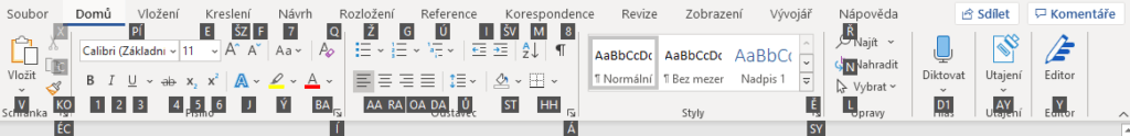 Na obrázku je snímek ribbon panelu aplikace Word spolu s klávesovými zkratkami jednotlivých funkcí na kartě Domů.