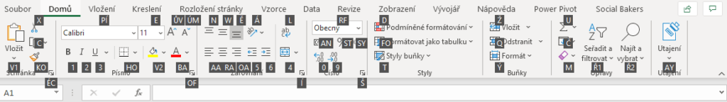 Na obrázku je snímek ribbon panelu aplikace Excel spolu s klávesovými zkratkami jednotlivých funkcí na kartě Domů.