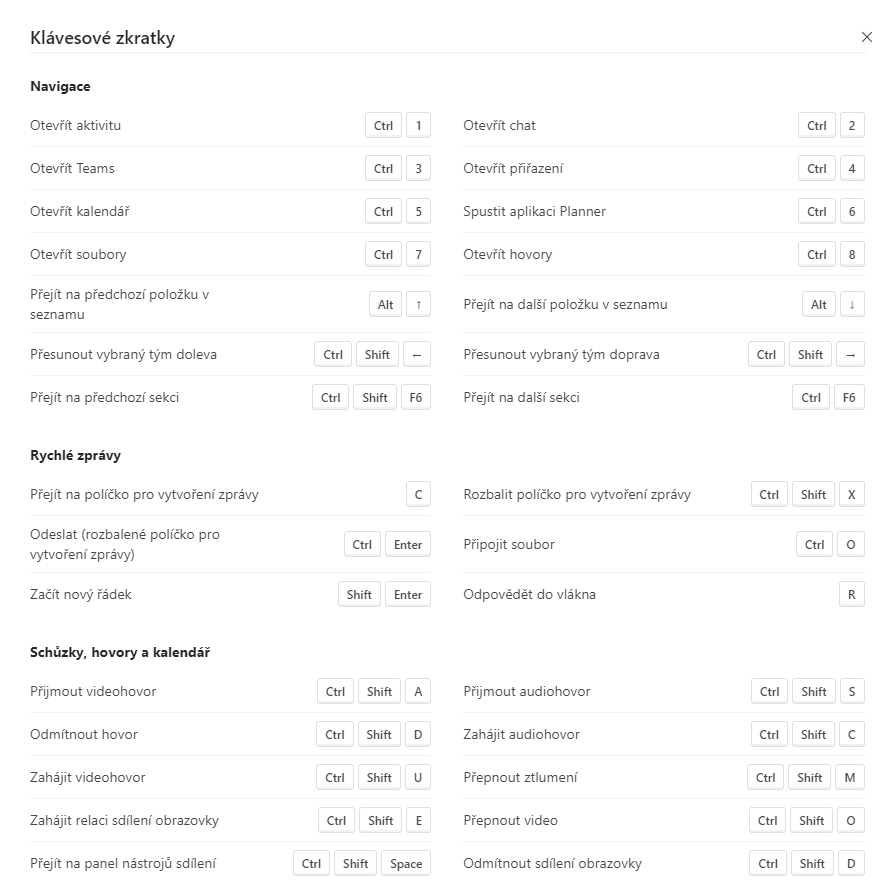 Na obrázku je snímek seznamu všech klávesových zkratech v aplikaci Microsoft Teams.