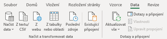 Na obrázku je snímek ribbon panelu s otevřenou kartou Data v aplikaci Excel.