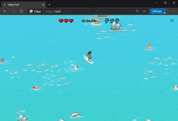Na obrázku je znázorněno samotné hraní hry Surf v prohlížeči Microsoft Edge.