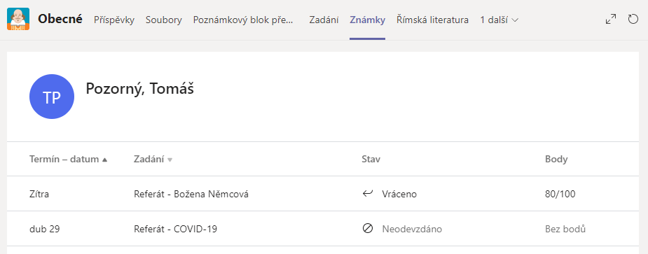 Na obrázku je snímek obrazovky s otevřenou kartou Známky, na které může student vidět hodnocení všech svých Zadání v Microsoft Teams.