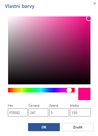 Na obrázku je dialogové okno s výběrem vlastní barvy mimo jiné i pomocí hexadecimálního kódu.