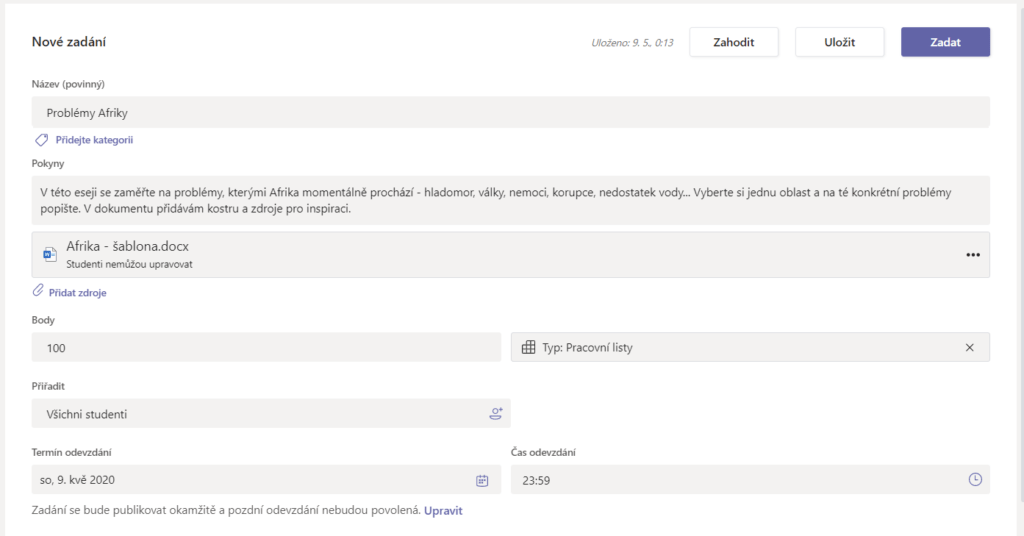 Na obrázku je snímek obrazovky s formulářem při vytváření nového zadání v Microsoft Teams, ve kterém jsou vyplněny název, pokyny, zdroje, body a termín odevzdání.