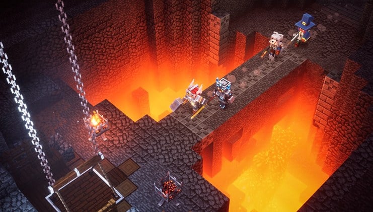 Screenshot ze hry Minecraft Dungeons. Na obrázku jsou 4 hráči, každý má trochu jiné vybavení, aby bylo vidět co hra nabízí.