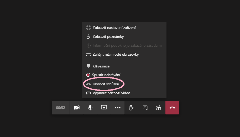 Na obrázku je znázorněná funkce Ukončit schůzku při online schůzce v aplikaci Microsoft Teams.