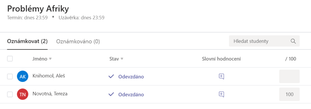 Na obrázku je snímek obrazovky s tabulkou stavu Zadání jednotlivých studentů v Microsoft Teams.