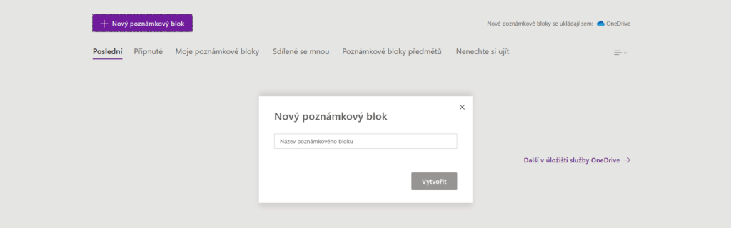 Na obrázku je snímek webové aplikace OneNote.