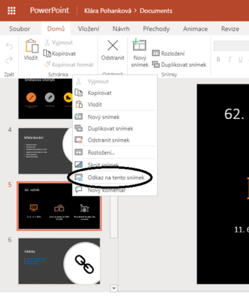 Na obrázku je nabídka s možností Odkaz na tento snímek v aplikaci PowerPoint.