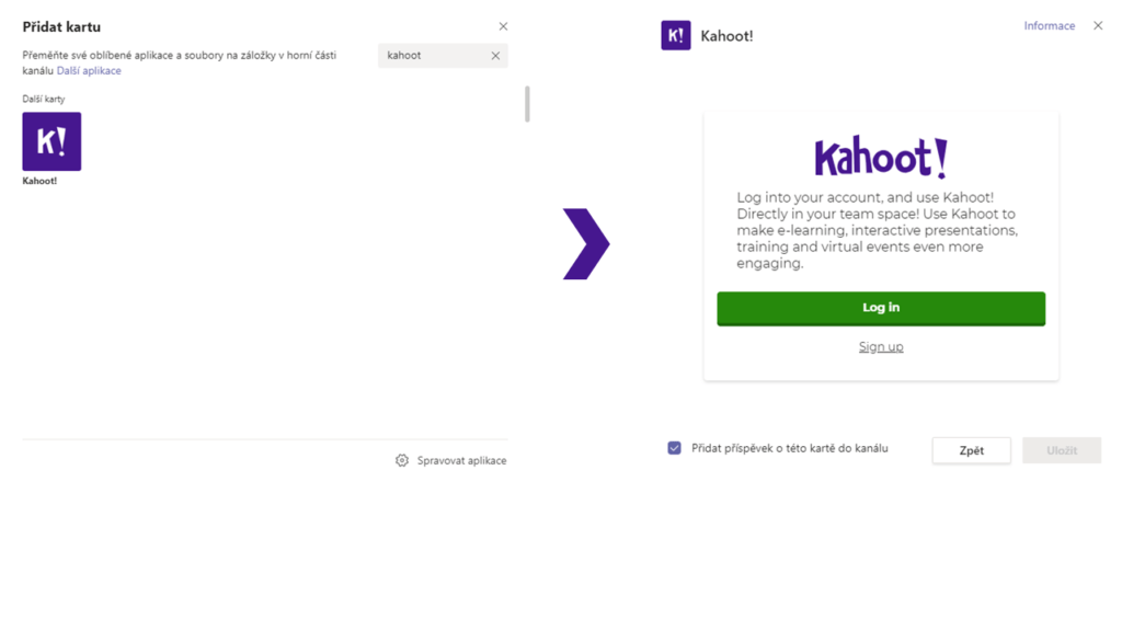 Na obrázku je uvedený postup, jak přidat novou kartu s aplikací Kahoot přímo v Microsoft Teams.