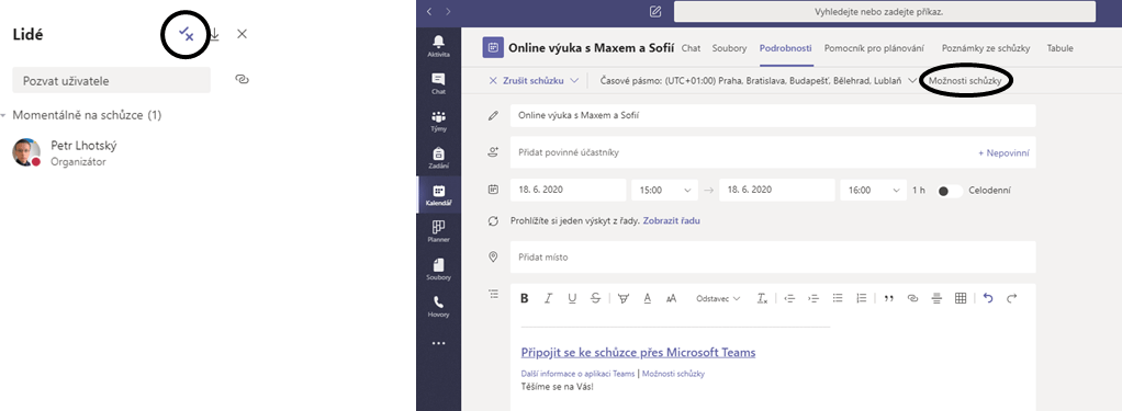 Na obrázku je vyznačena funkce Možnosti schůzky ve sloupečku Lidé a v rozkliknutí schůzce v aplikaci Microsoft Teams.