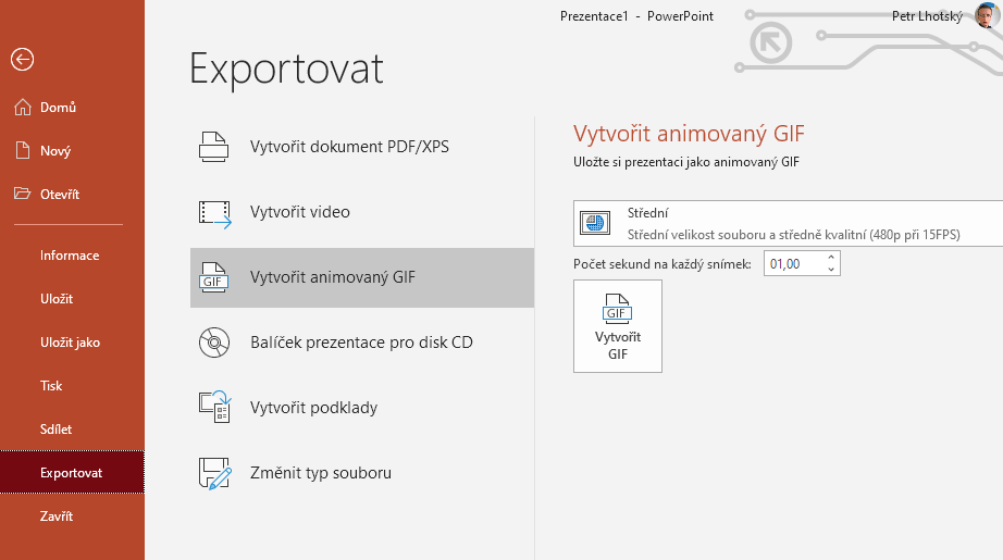 Na obrázku je možnost Exportovat s možností Vytvořit animovaný GIF v aplikaci PowerPoint.