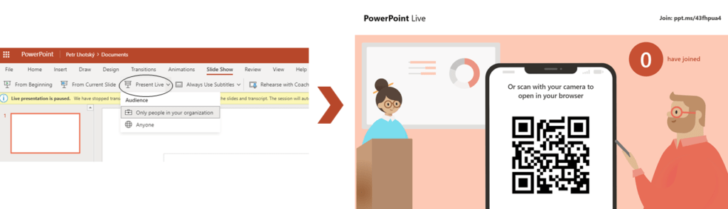 Na obrázku je znázorněné tlačítko Present Live v aplikaci PowerPoint a náhled začátku živé prezentace.