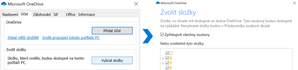 Na obrázku je snímek nastavení aplikace OneDrive rozkliknutého na záložce Účet, ve které se nachází tlačítko Vybrat složky, a snímek okna s volbou složek k synchronizaci.