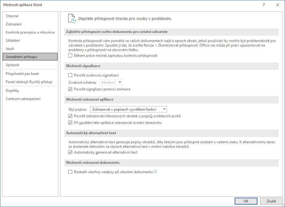 Na obrázku je okno Možnosti aplikace Word s otevřenou sekcí Usnadnění přístupu.