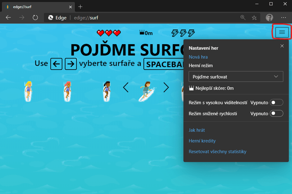 Na obrázku je snímek nabídky s výběrem herního režimu ve hře Surf v prohlížeči Microsoft Edge.
