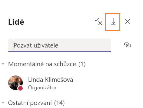 Na obrázku je vyznačena funkce Exportovat prezenční listinu ve sloupečku Lidé v aplikaci Microsoft Teams.