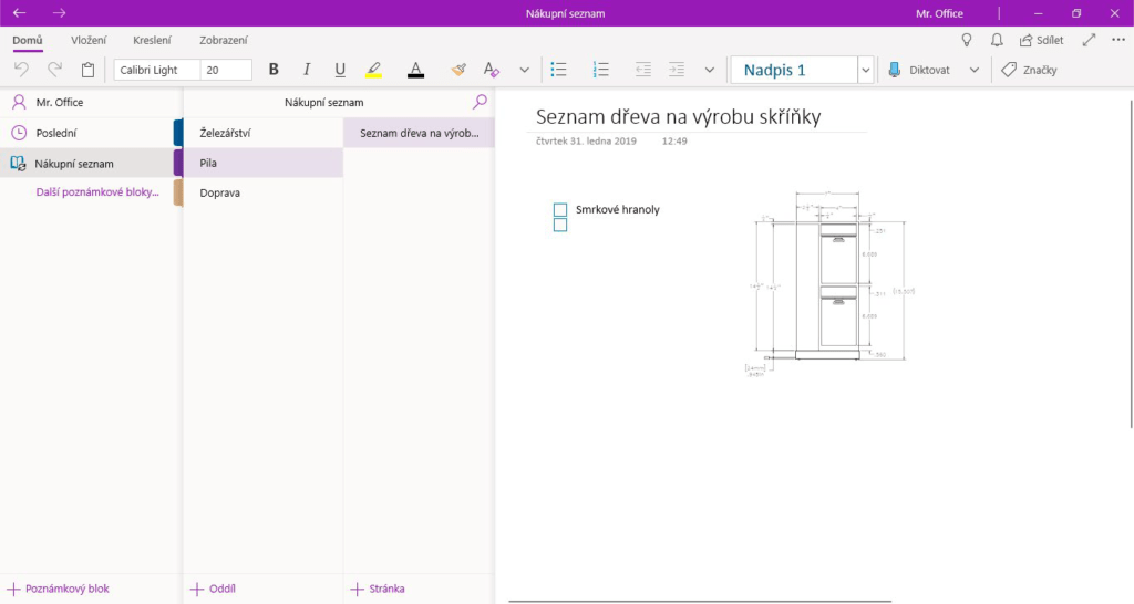 Na obrázku je snímek aplikace OneNote.