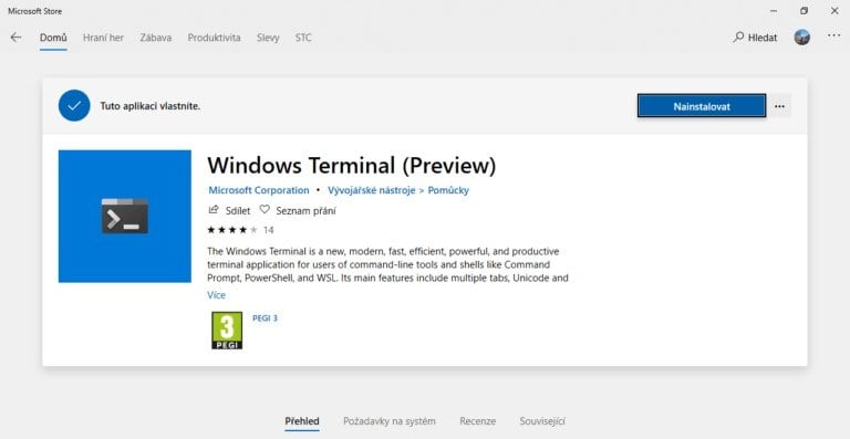 Na obrázku je snímek aplikace Windows Terminal ke stažení z Microsoft Store ve Windows 10.