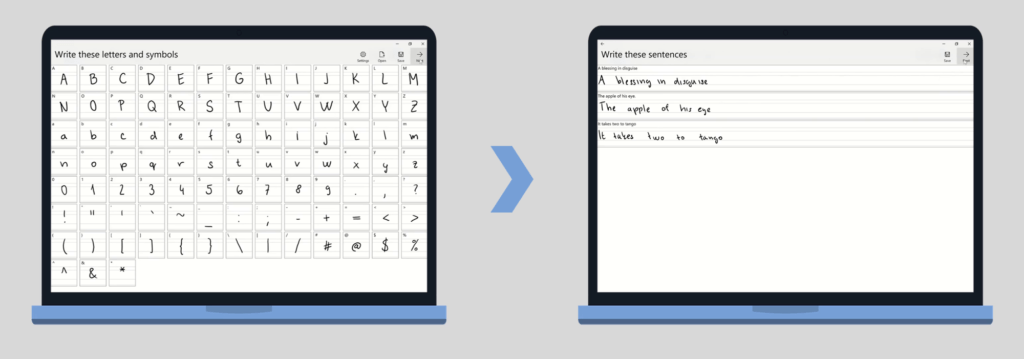 Na obrázku jsou snímky aplikace Microsoft Font Maker při psaní symbolů a celých vět.
