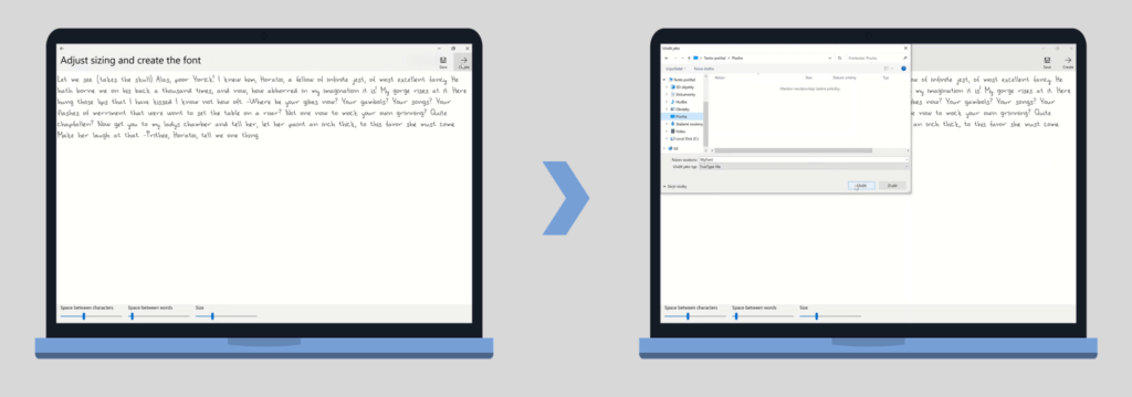 Na obrázku jsou snímky aplikace Microsoft Font Maker při nastavování mezer a velikosti a při ukládání písma.