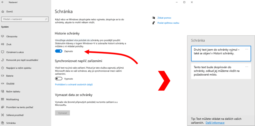 Na obrázku je snímek nastavení schránky ve Windows 10.