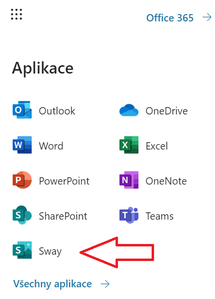 Na obrázku je snímek nabídky aplikací v prostředí Office 365.