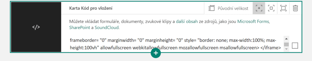 Na obrázku je snímek karty Kód pro vložení s ukázkou vložení dotazníku z Microsoft Forms.