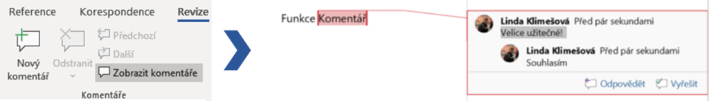 Na obrázku je snímek funkce Komentář v aplikaci Word.