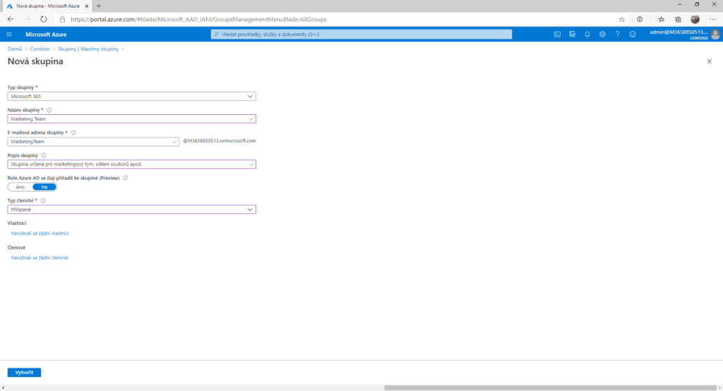 Obrázek ukazujicí stránku se zakládáním nové skupiny v Azure Active Directory