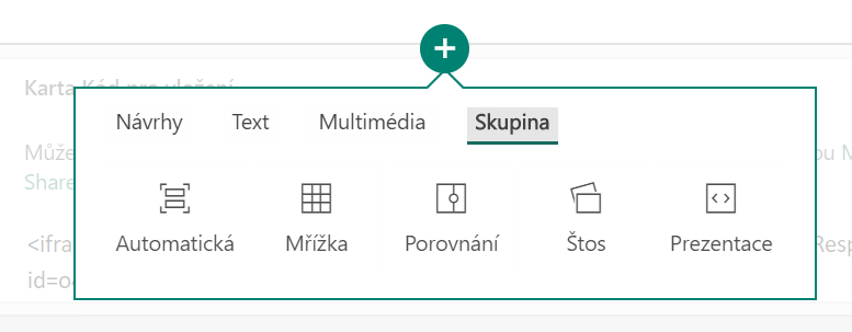 Na obrázku je snímek nabídky karet typu Skupina, které se dají vložit do struktury obsahu ve Sway.