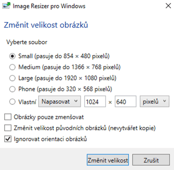 Na obrázku je snímek aplikace Image Resizer pro Windows.