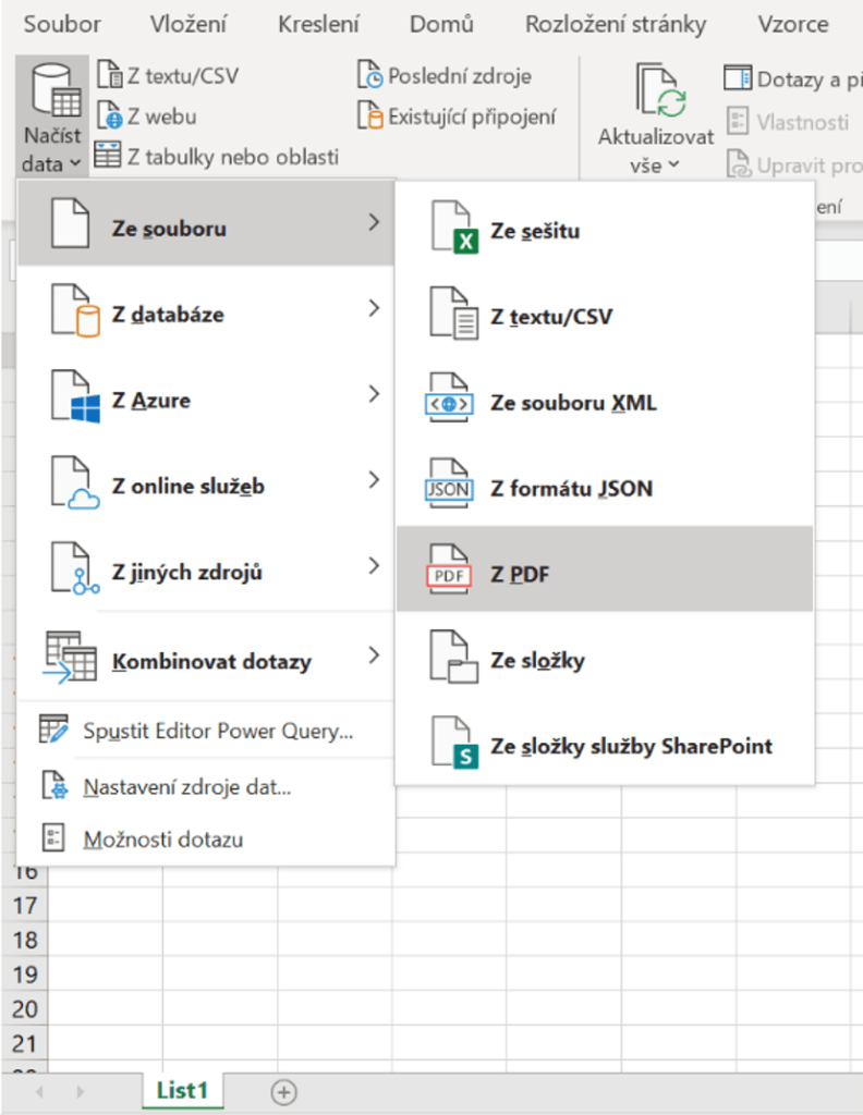 Na obrázku je snímek aplikace Excel s vyznačenou funkcí načtení dat z PDF.