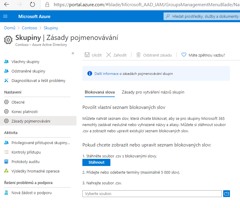 Obrázek zobrazuje sekci zásad pojmenování v Azure Active Directory