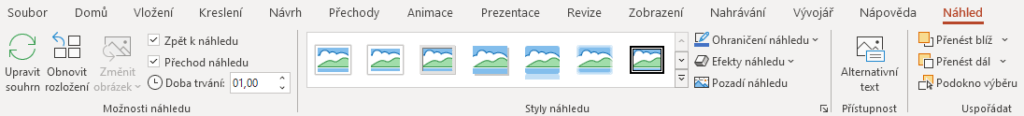 Na obrázku je kontextová karta Náhled v aplikaci PowerPoint.