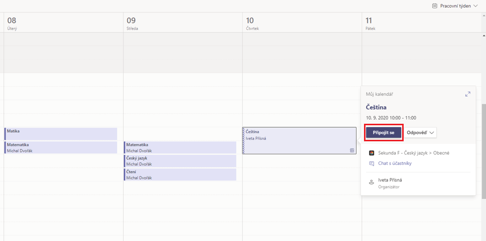 Na obrázku je snímek kalendáře s otevřenou možností Připojit se u konkrétní online schůzky.