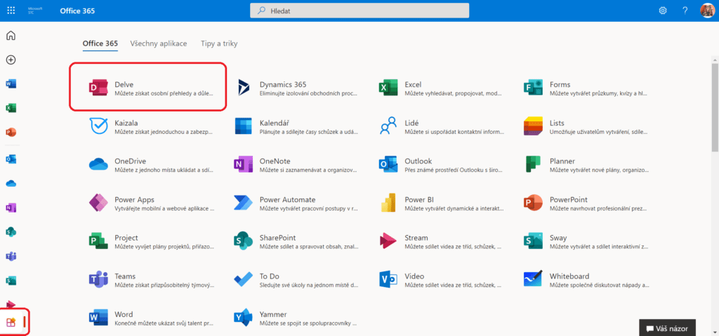 Na obrázku je nalezení aplikace Delve v nabídce Office 365 aplikací.