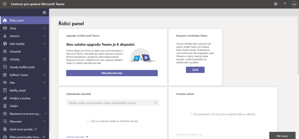 Na obrázku je úvodní dashboard Centra pro správce Microsoft Teams včetně hlavní nabídky vlevo.