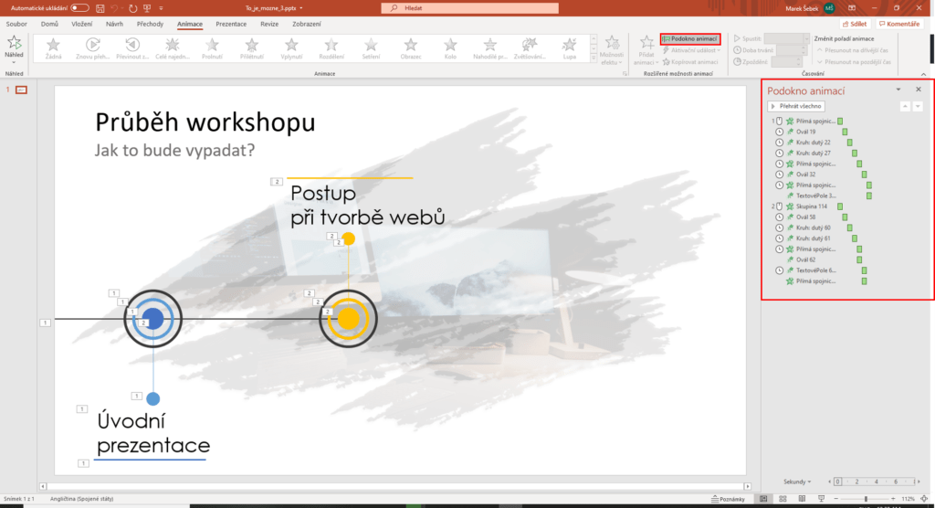 Na obrázku je Podokno animací v aplikaci PowerPoint.