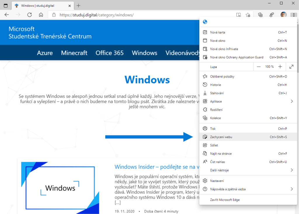 Na obrázku je snímek nabídky Nastavení se zvýrazněnou možností Zachycení webu v prohlížeči Microsoft Edge.
