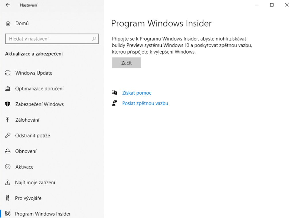 Na obrázku je snímek části Program Windows Insider v Nastavení Windows 10.