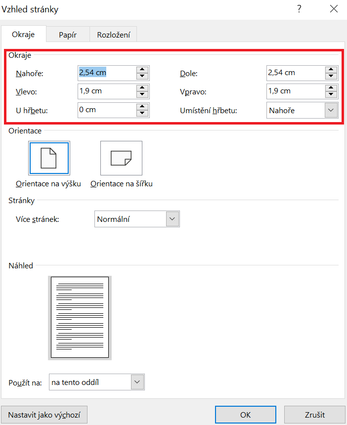 Na obrázku je snímek nabídky Vzhled stránky s otevřenou záložkou Okraje ve Wordu.