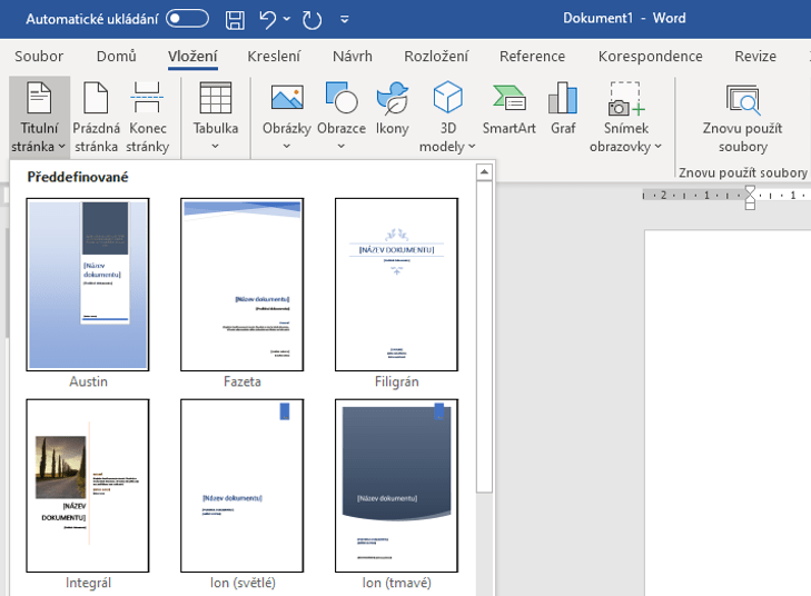 Na obrázku je snímek nabídky Titulní stránka na kartě Vložení ve Wordu.